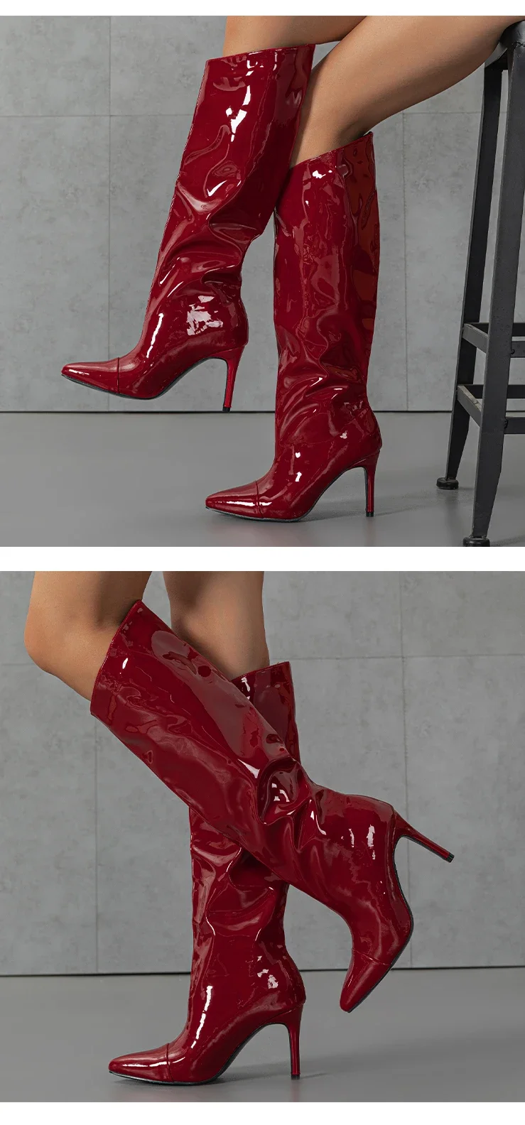 Eilyken Red Wedding Patent Leather Women Knee-High Boots Fashion Thin High Heels Shoes Zipper Winter Autumn Female Pumps