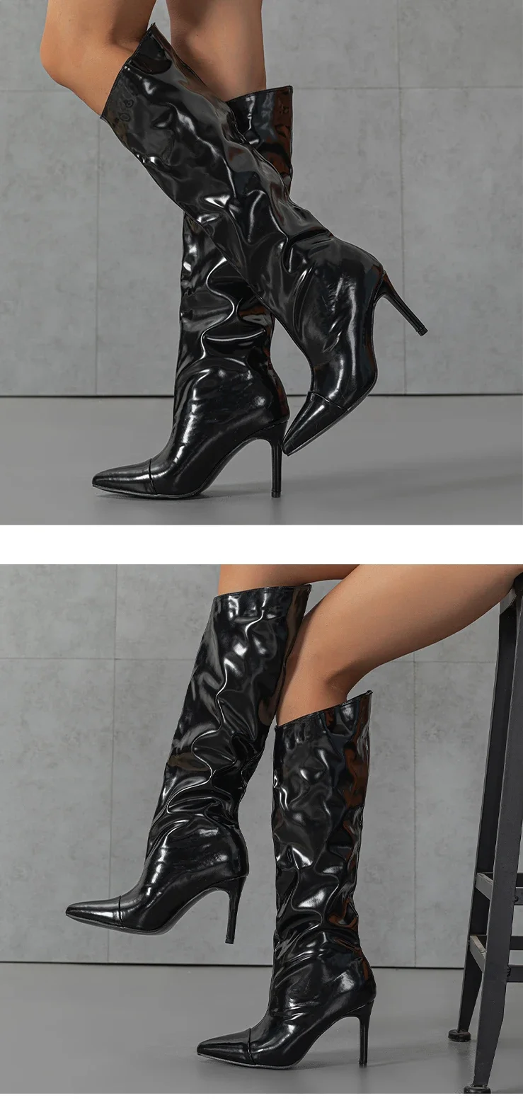 Eilyken Red Wedding Patent Leather Women Knee-High Boots Fashion Thin High Heels Shoes Zipper Winter Autumn Female Pumps
