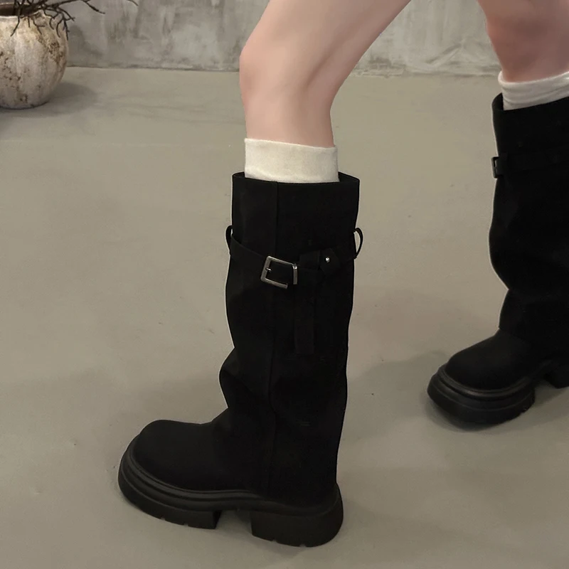 Vintage Chunky Heel Women Knee High Boots Autumn Winter Slip On Female Shoes Slim Fit Thick Bottom Motorcycle Booties