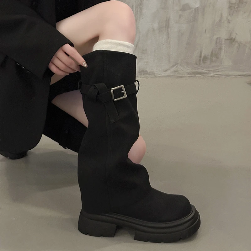 Vintage Chunky Heel Women Knee High Boots Autumn Winter Slip On Female Shoes Slim Fit Thick Bottom Motorcycle Booties