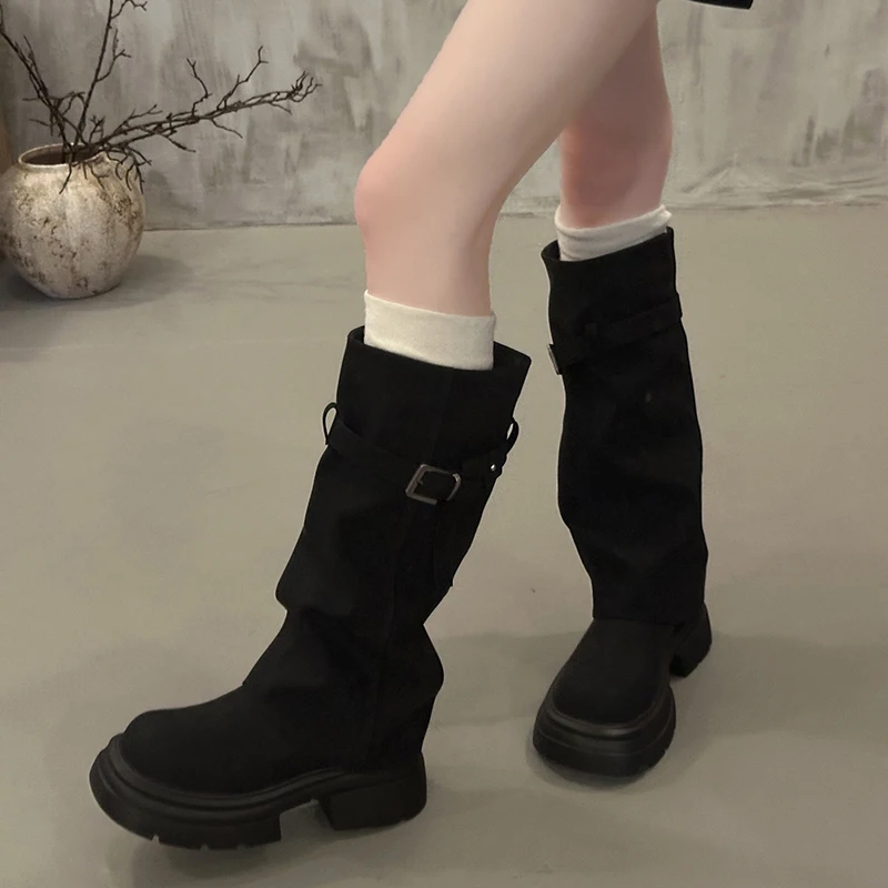 Vintage Chunky Heel Women Knee High Boots Autumn Winter Slip On Female Shoes Slim Fit Thick Bottom Motorcycle Booties