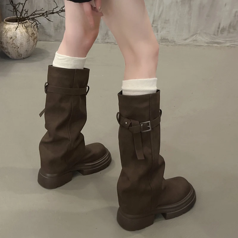 Vintage Chunky Heel Women Knee High Boots Autumn Winter Slip On Female Shoes Slim Fit Thick Bottom Motorcycle Booties