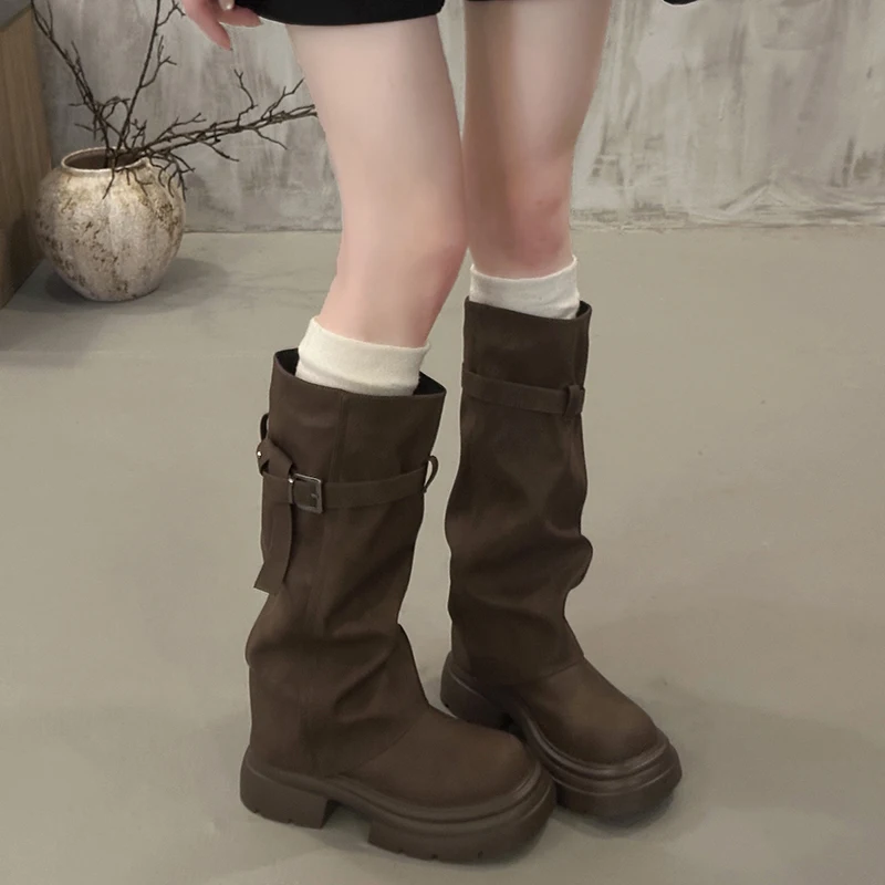 Vintage Chunky Heel Women Knee High Boots Autumn Winter Slip On Female Shoes Slim Fit Thick Bottom Motorcycle Booties