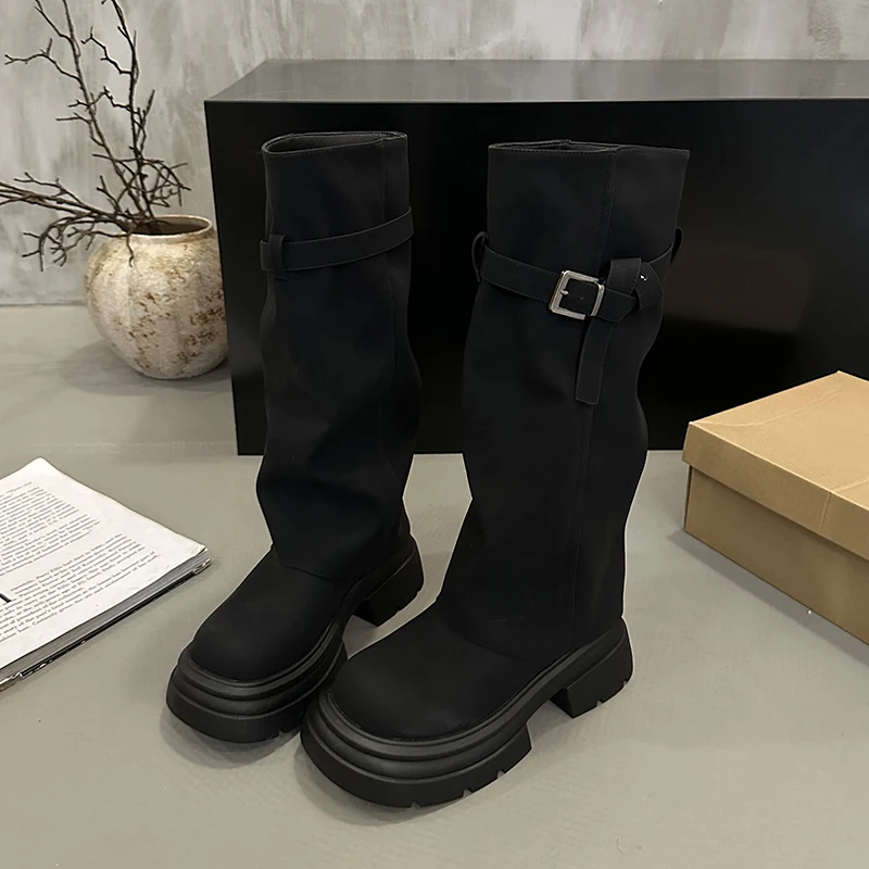 Vintage Chunky Heel Women Knee High Boots Autumn Winter Slip On Female Shoes Slim Fit Thick Bottom Motorcycle Booties