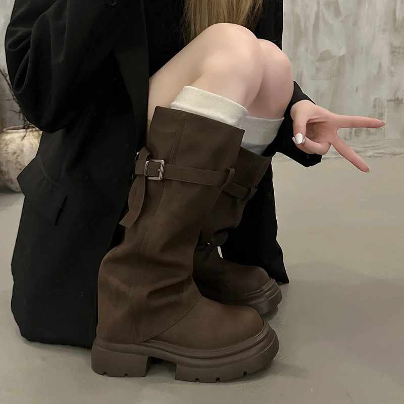 Vintage Chunky Heel Women Knee High Boots Autumn Winter Slip On Female Shoes Slim Fit Thick Bottom Motorcycle Booties