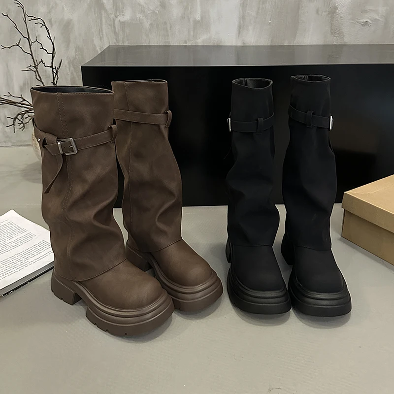 Vintage Chunky Heel Women Knee High Boots Autumn Winter Slip On Female Shoes Slim Fit Thick Bottom Motorcycle Booties