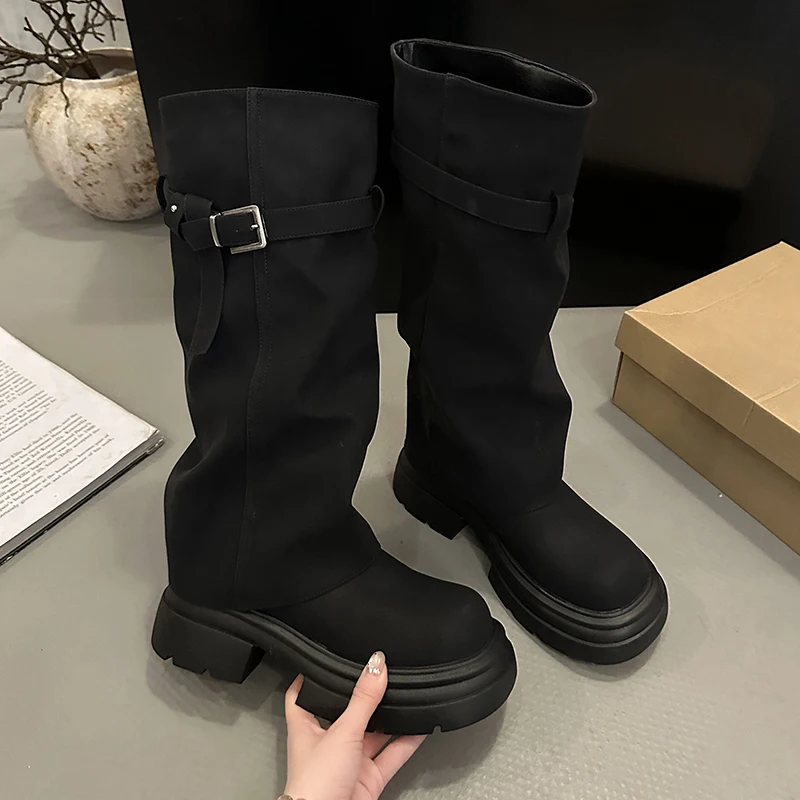 Vintage Chunky Heel Women Knee High Boots Autumn Winter Slip On Female Shoes Slim Fit Thick Bottom Motorcycle Booties
