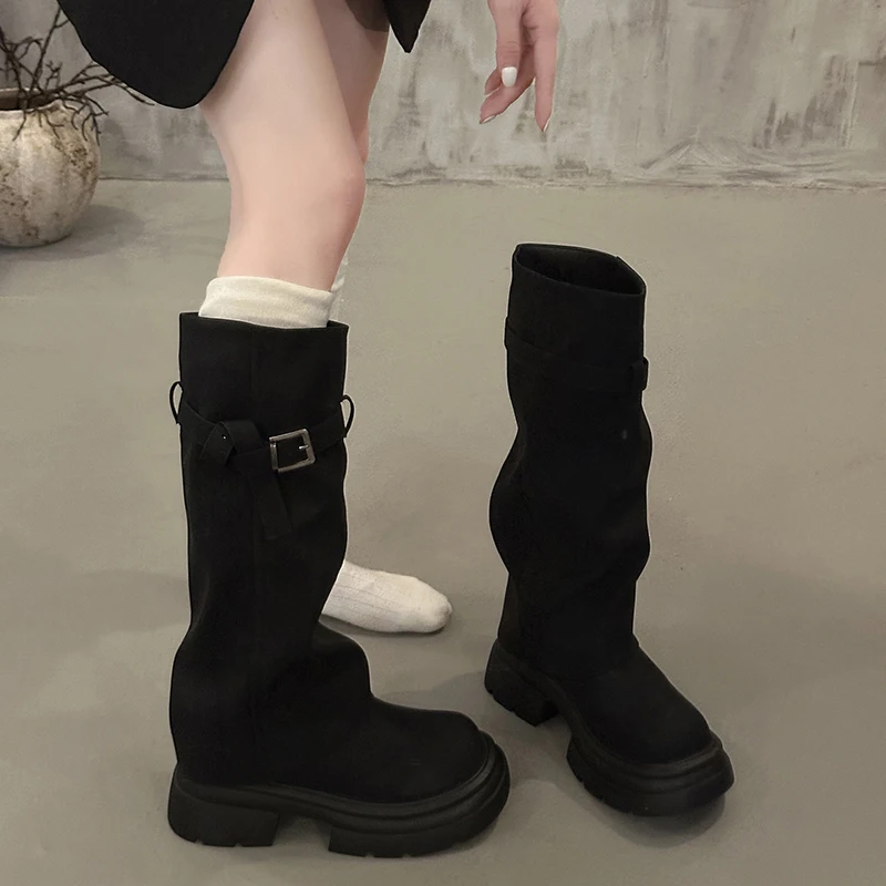 Vintage Chunky Heel Women Knee High Boots Autumn Winter Slip On Female Shoes Slim Fit Thick Bottom Motorcycle Booties