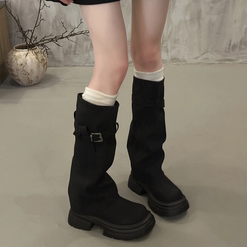 Vintage Chunky Heel Women Knee High Boots Autumn Winter Slip On Female Shoes Slim Fit Thick Bottom Motorcycle Booties