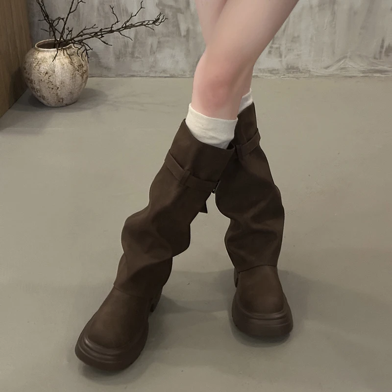 Vintage Chunky Heel Women Knee High Boots Autumn Winter Slip On Female Shoes Slim Fit Thick Bottom Motorcycle Booties