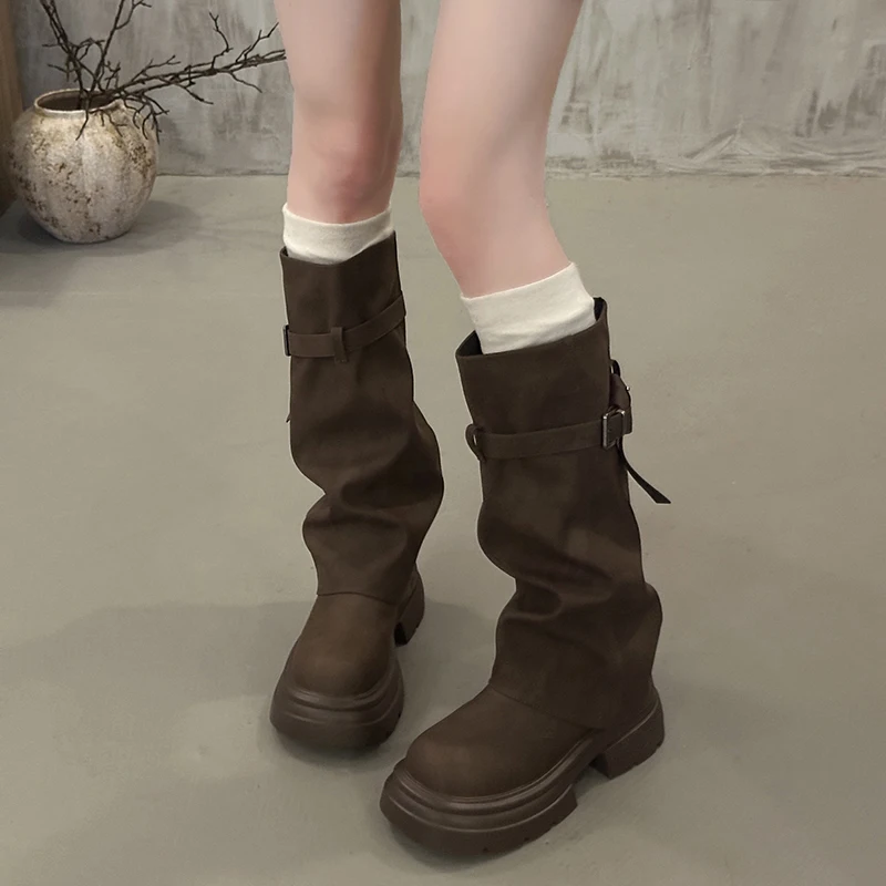 Vintage Chunky Heel Women Knee High Boots Autumn Winter Slip On Female Shoes Slim Fit Thick Bottom Motorcycle Booties