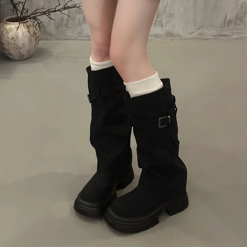 Vintage Chunky Heel Women Knee High Boots Autumn Winter Slip On Female Shoes Slim Fit Thick Bottom Motorcycle Booties