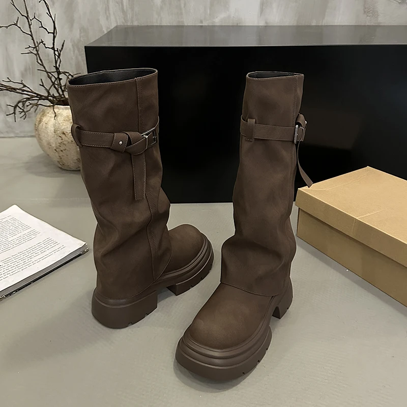 Vintage Chunky Heel Women Knee High Boots Autumn Winter Slip On Female Shoes Slim Fit Thick Bottom Motorcycle Booties