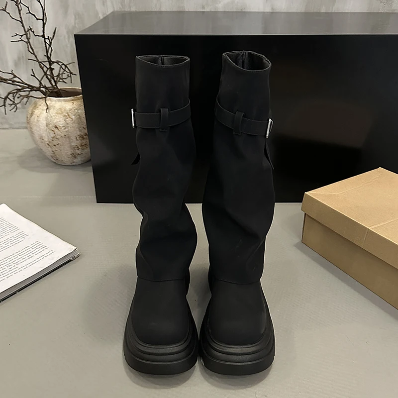 Vintage Chunky Heel Women Knee High Boots Autumn Winter Slip On Female Shoes Slim Fit Thick Bottom Motorcycle Booties