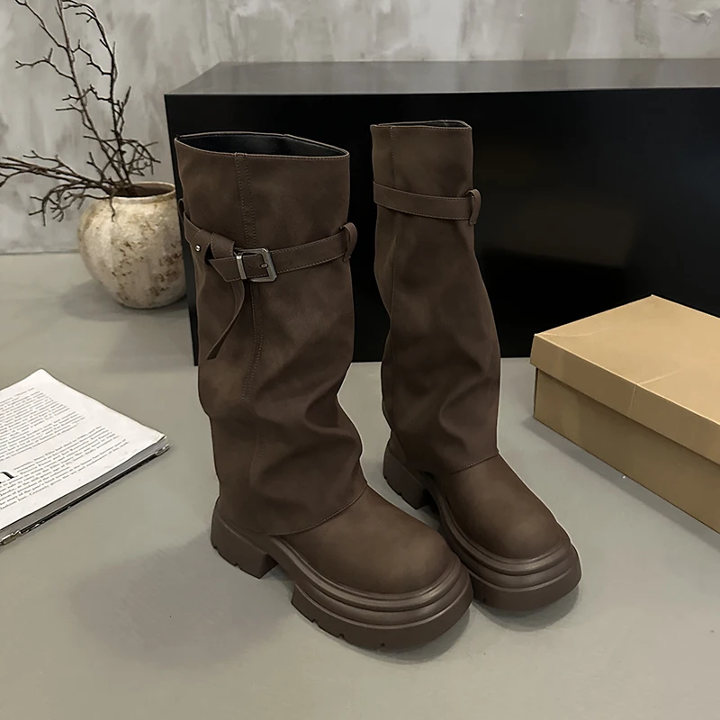 Vintage Chunky Heel Women Knee High Boots Autumn Winter Slip On Female Shoes Slim Fit Thick Bottom Motorcycle Booties