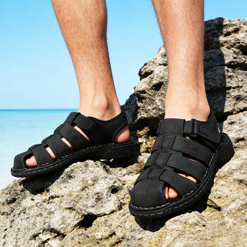 BUBUK Men's Leather Sports Sandals, Outdoor Beach Shoes, Adjustable Velcro, Suitable for Hiking, Travel, Work
