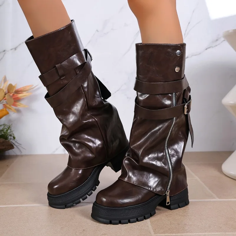 Platform Chunky Sole Women Knee High Boots Buckle Strap Side Zipper Shoes Autumn Winter Vintage Ladies Non Slip Long Boots