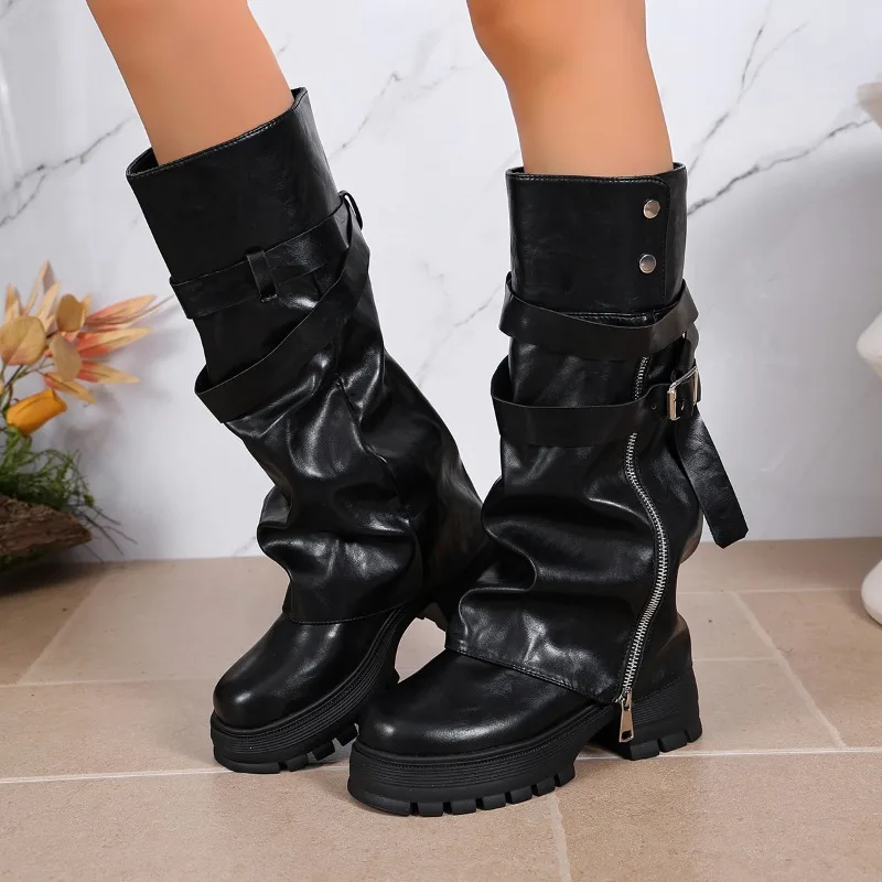 Platform Chunky Sole Women Knee High Boots Buckle Strap Side Zipper Shoes Autumn Winter Vintage Ladies Non Slip Long Boots