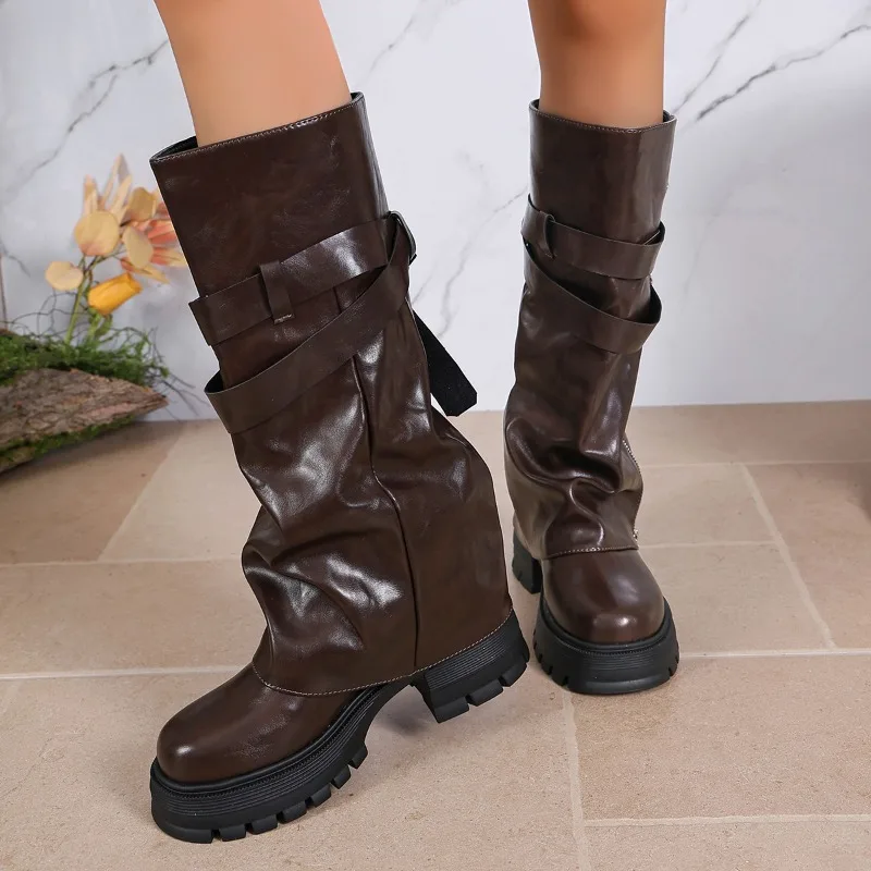 Platform Chunky Sole Women Knee High Boots Buckle Strap Side Zipper Shoes Autumn Winter Vintage Ladies Non Slip Long Boots
