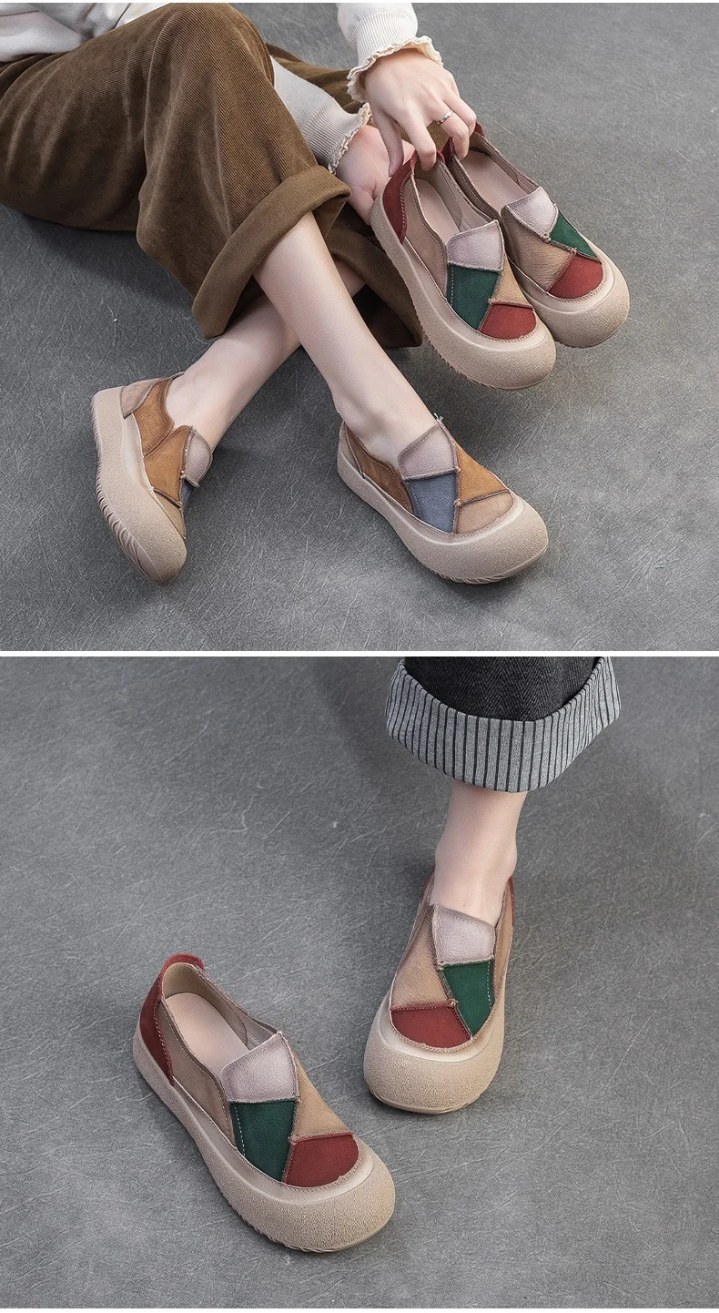 DRKANOL 2026 Spring Women Slip On Loafers Flat Platform Shoes Mixed Colors Patch Genuine Leather Round Toe Casual Single Shoes