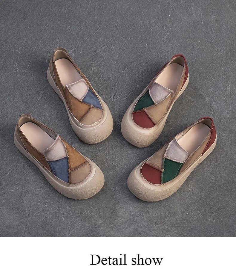DRKANOL 2026 Spring Women Slip On Loafers Flat Platform Shoes Mixed Colors Patch Genuine Leather Round Toe Casual Single Shoes