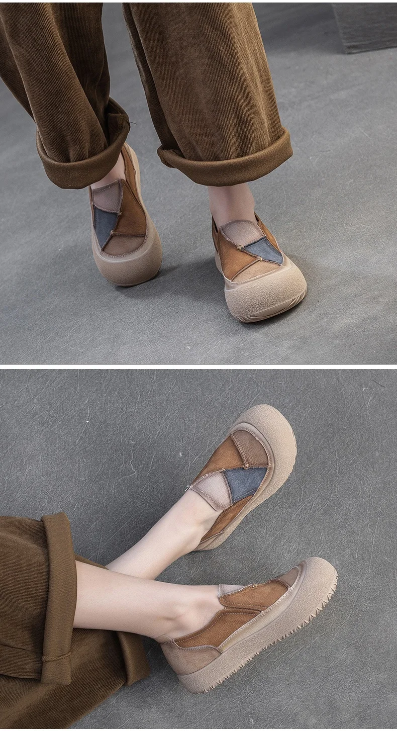 DRKANOL 2026 Spring Women Slip On Loafers Flat Platform Shoes Mixed Colors Patch Genuine Leather Round Toe Casual Single Shoes