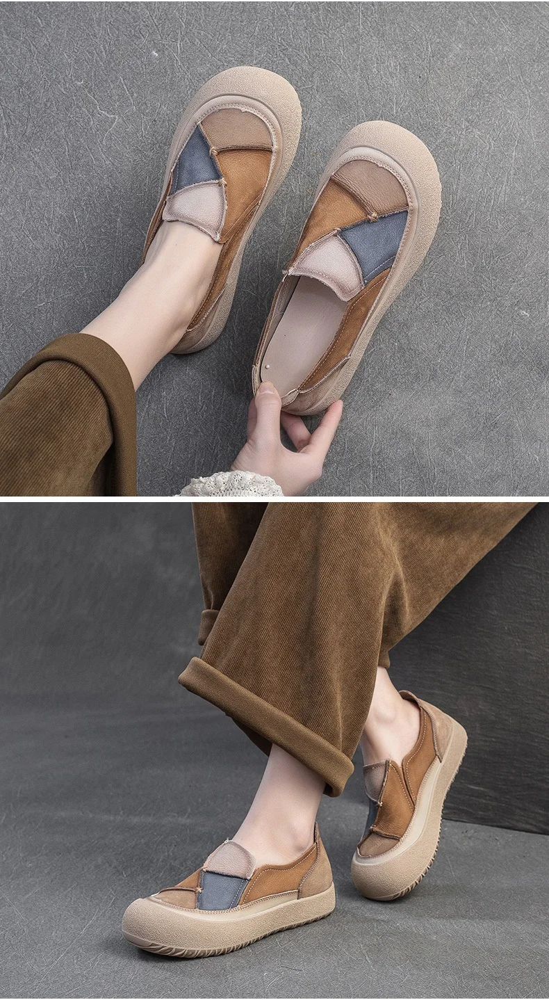DRKANOL 2026 Spring Women Slip On Loafers Flat Platform Shoes Mixed Colors Patch Genuine Leather Round Toe Casual Single Shoes