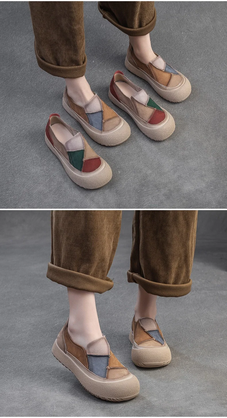 DRKANOL 2026 Spring Women Slip On Loafers Flat Platform Shoes Mixed Colors Patch Genuine Leather Round Toe Casual Single Shoes