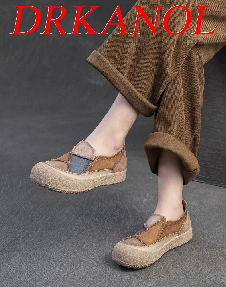 DRKANOL 2026 Spring Women Slip On Loafers Flat Platform Shoes Mixed Colors Patch Genuine Leather Round Toe Casual Single Shoes