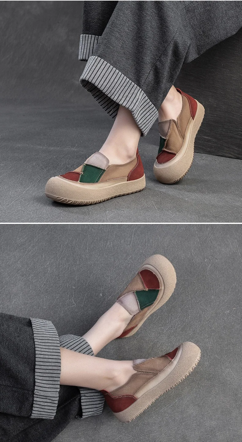 DRKANOL 2026 Spring Women Slip On Loafers Flat Platform Shoes Mixed Colors Patch Genuine Leather Round Toe Casual Single Shoes
