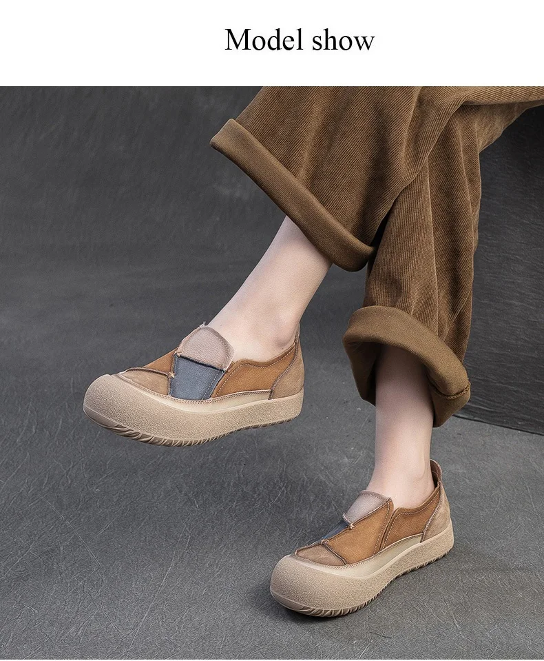DRKANOL 2026 Spring Women Slip On Loafers Flat Platform Shoes Mixed Colors Patch Genuine Leather Round Toe Casual Single Shoes