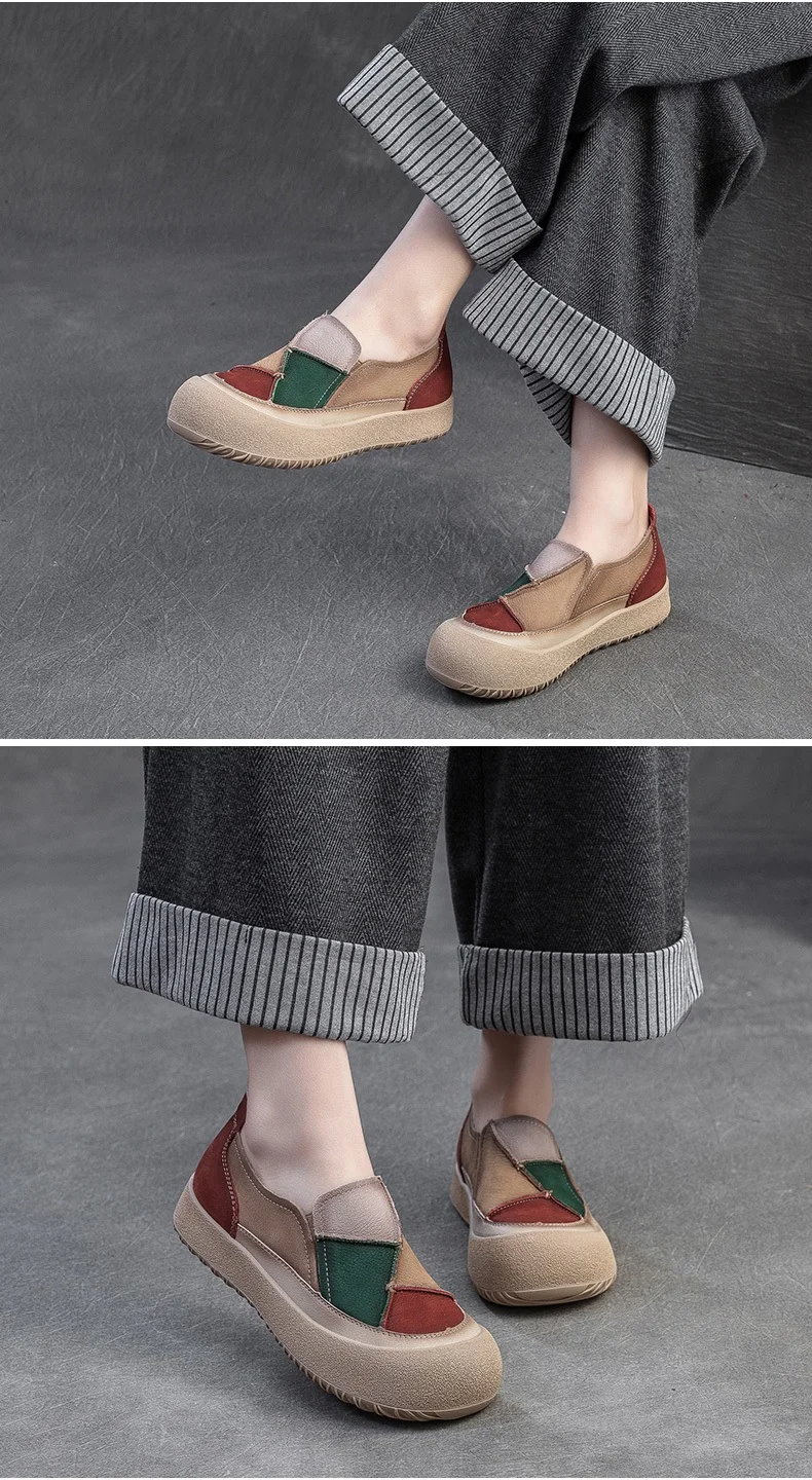 DRKANOL 2026 Spring Women Slip On Loafers Flat Platform Shoes Mixed Colors Patch Genuine Leather Round Toe Casual Single Shoes