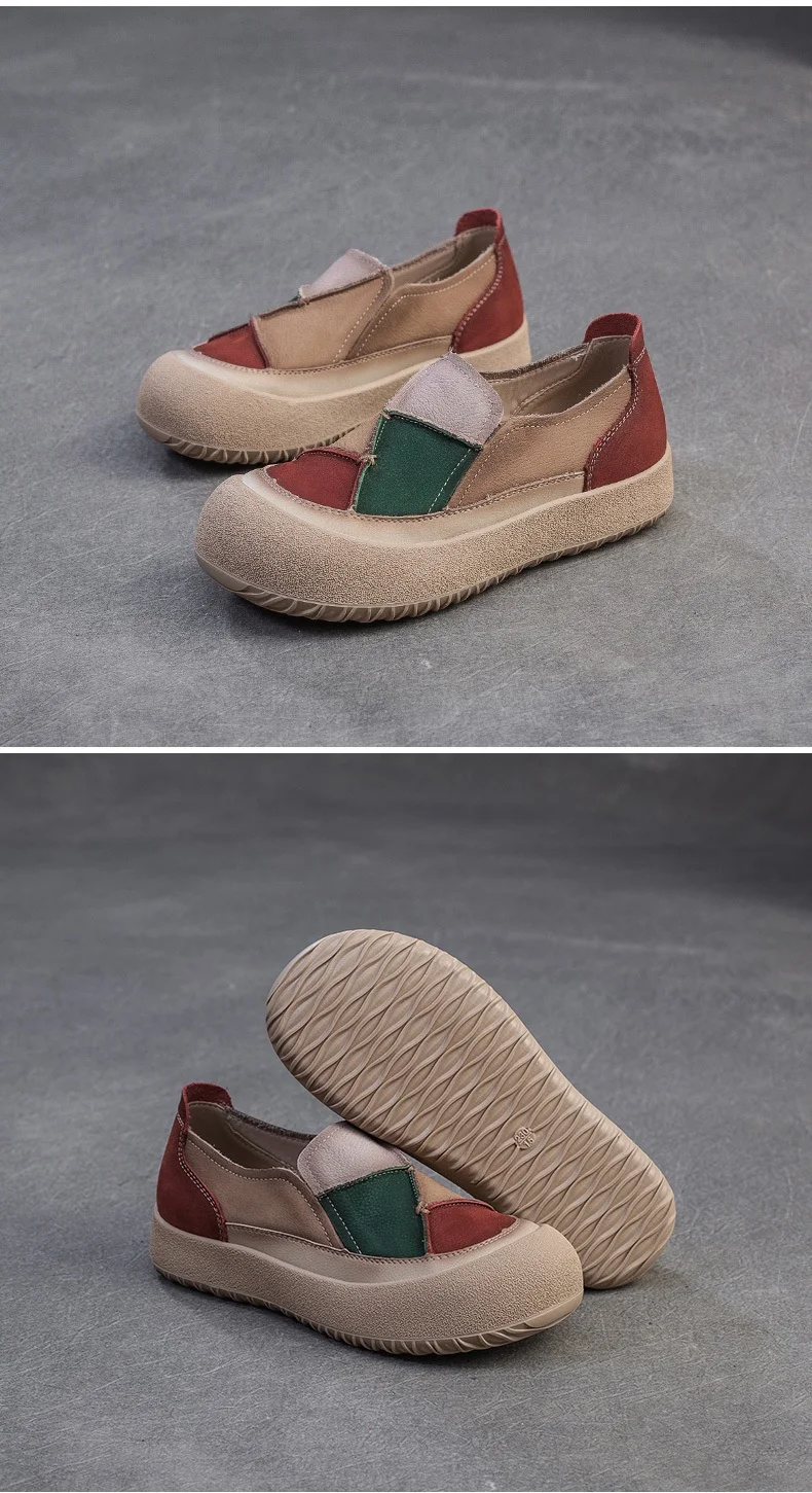 DRKANOL 2026 Spring Women Slip On Loafers Flat Platform Shoes Mixed Colors Patch Genuine Leather Round Toe Casual Single Shoes