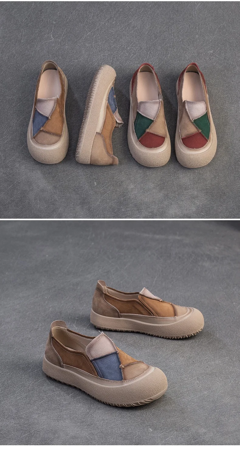 DRKANOL 2026 Spring Women Slip On Loafers Flat Platform Shoes Mixed Colors Patch Genuine Leather Round Toe Casual Single Shoes