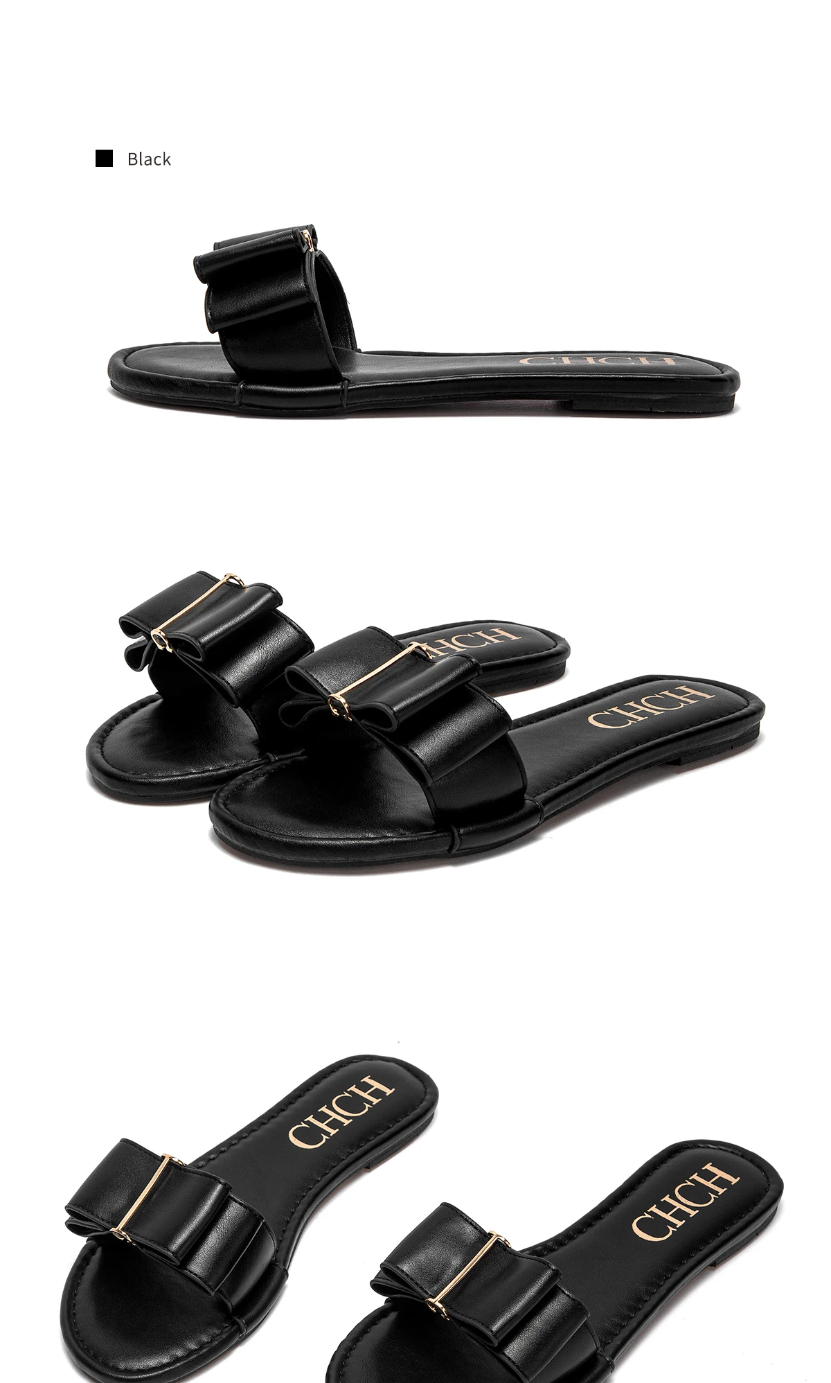 CHCH Women's Flat Shoes New Summer Bow Casual Slippers Black Commuting Women's Shoes