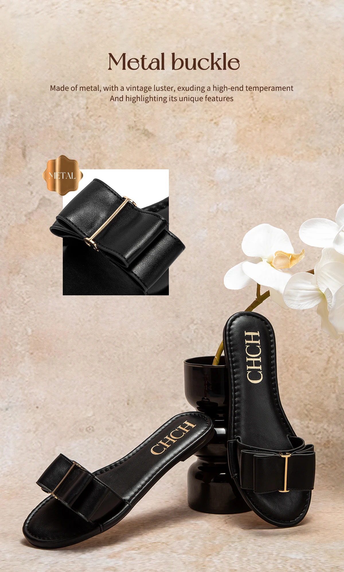 CHCH Women's Flat Shoes New Summer Bow Casual Slippers Black Commuting Women's Shoes