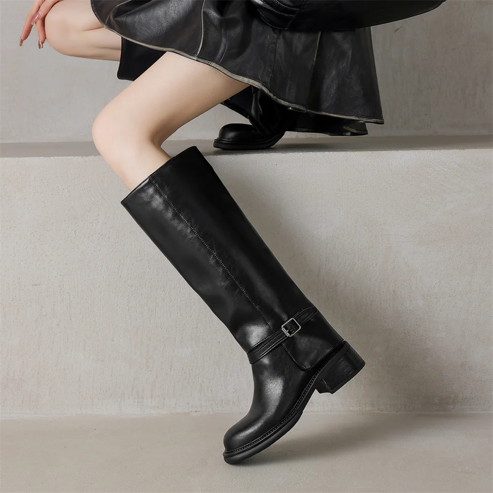 FEDONAS Women Genuine Leather Knee High Boots Thick Heels Long Motorcycle Boots Quality Warm High Knight Boots Shoes
