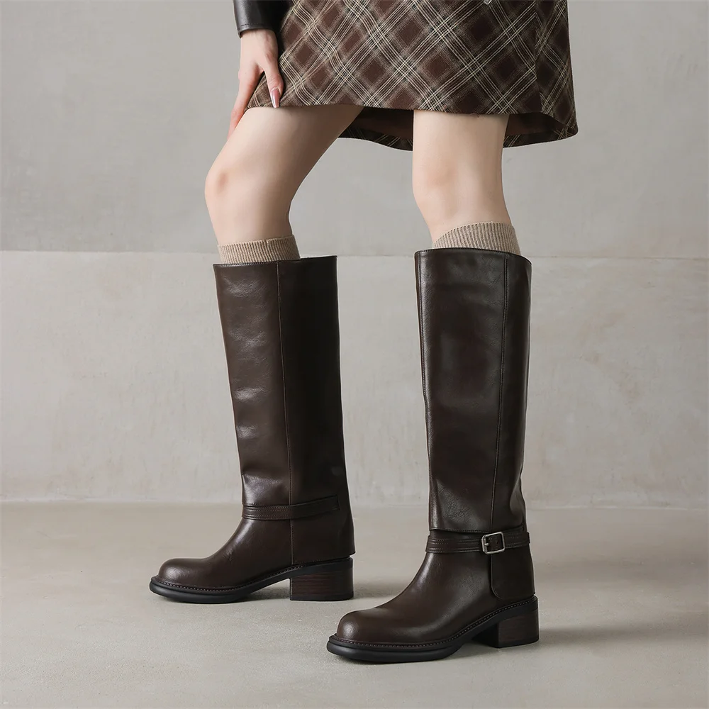 FEDONAS Women Genuine Leather Knee High Boots Thick Heels Long Motorcycle Boots Quality Warm High Knight Boots Shoes