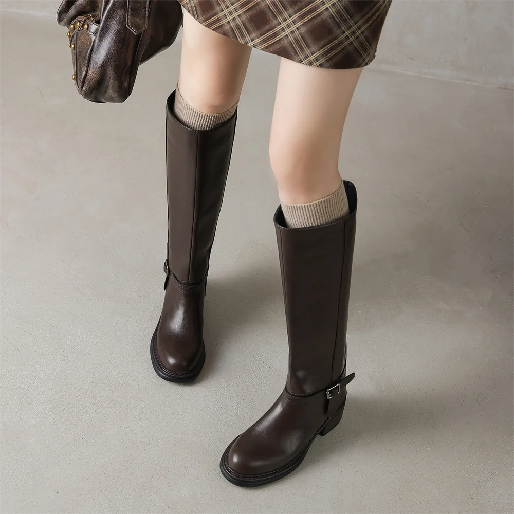 FEDONAS Women Genuine Leather Knee High Boots Thick Heels Long Motorcycle Boots Quality Warm High Knight Boots Shoes
