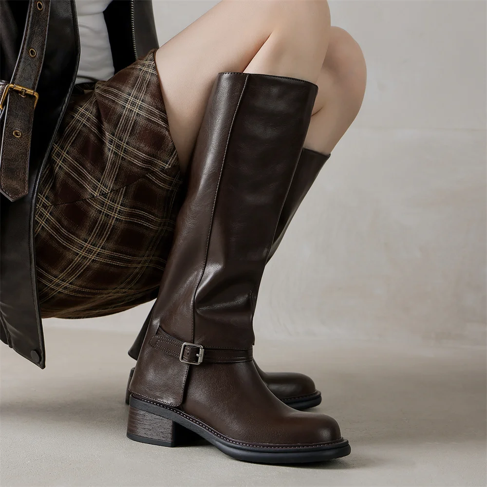 FEDONAS Women Genuine Leather Knee High Boots Thick Heels Long Motorcycle Boots Quality Warm High Knight Boots Shoes