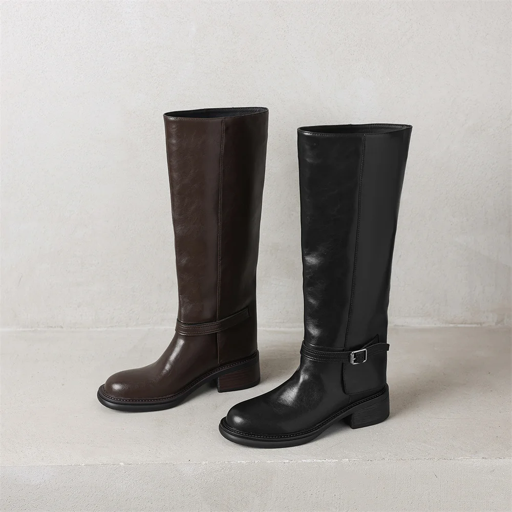 FEDONAS Women Genuine Leather Knee High Boots Thick Heels Long Motorcycle Boots Quality Warm High Knight Boots Shoes