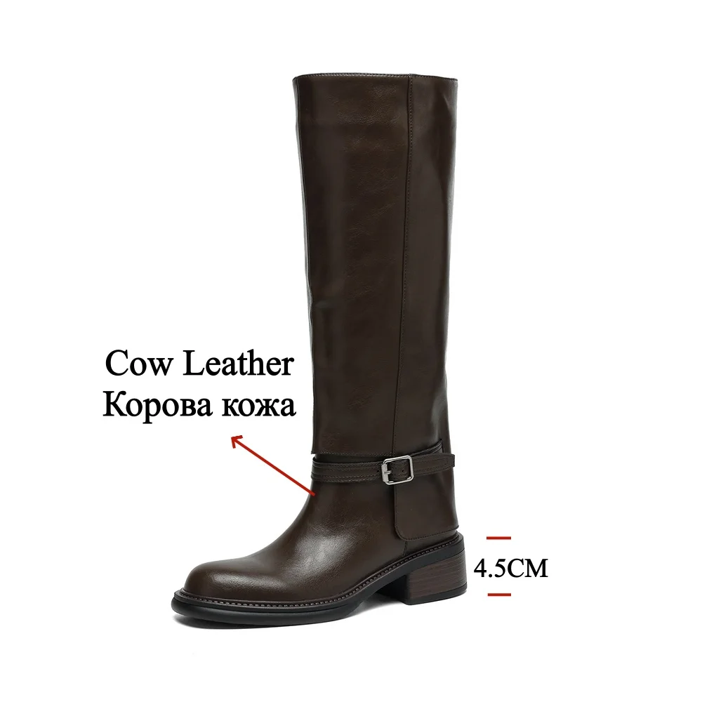 FEDONAS Women Genuine Leather Knee High Boots Thick Heels Long Motorcycle Boots Quality Warm High Knight Boots Shoes