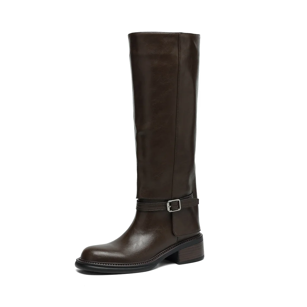 FEDONAS Women Genuine Leather Knee High Boots Thick Heels Long Motorcycle Boots Quality Warm High Knight Boots Shoes