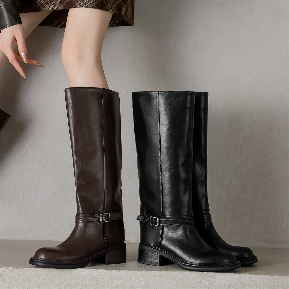 FEDONAS Women Genuine Leather Knee High Boots Thick Heels Long Motorcycle Boots Quality Warm High Knight Boots Shoes