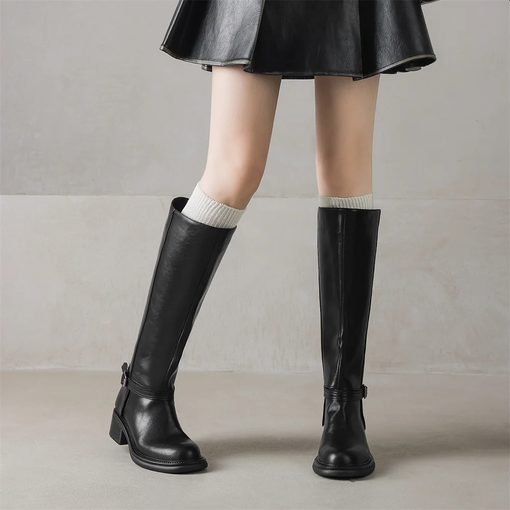 FEDONAS Women Genuine Leather Knee High Boots Thick Heels Long Motorcycle Boots Quality Warm High Knight Boots Shoes