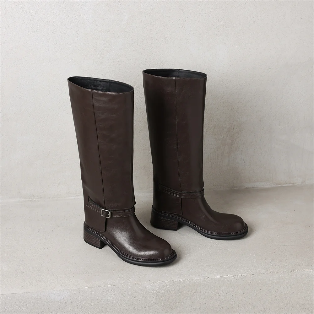 FEDONAS Women Genuine Leather Knee High Boots Thick Heels Long Motorcycle Boots Quality Warm High Knight Boots Shoes