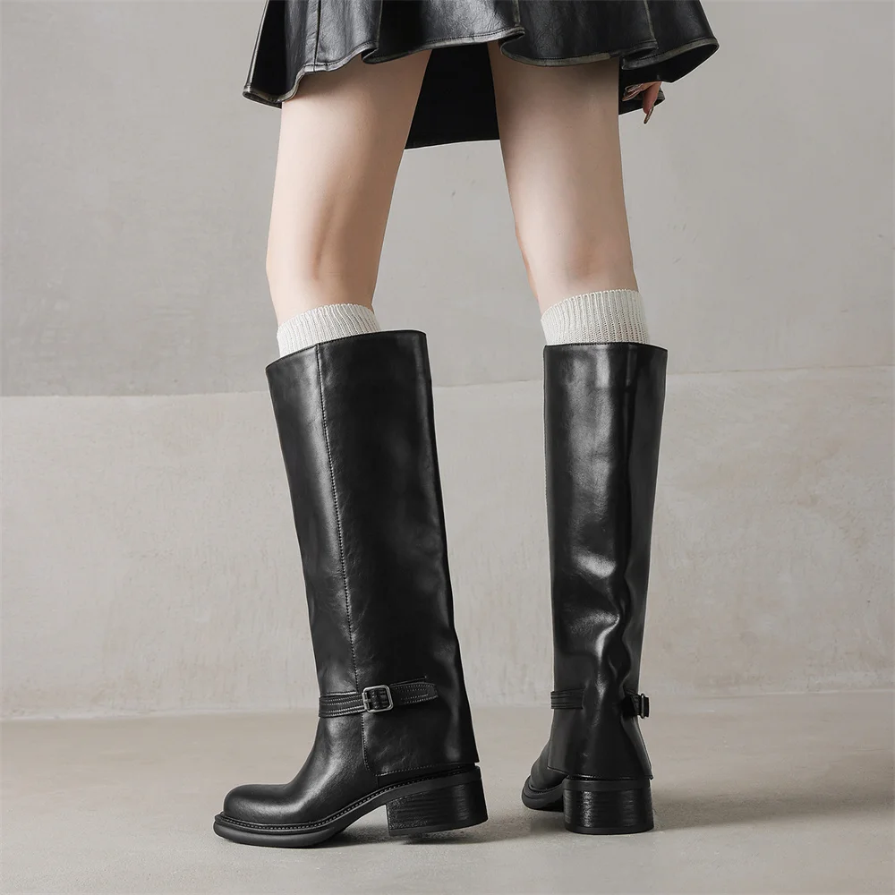 FEDONAS Women Genuine Leather Knee High Boots Thick Heels Long Motorcycle Boots Quality Warm High Knight Boots Shoes