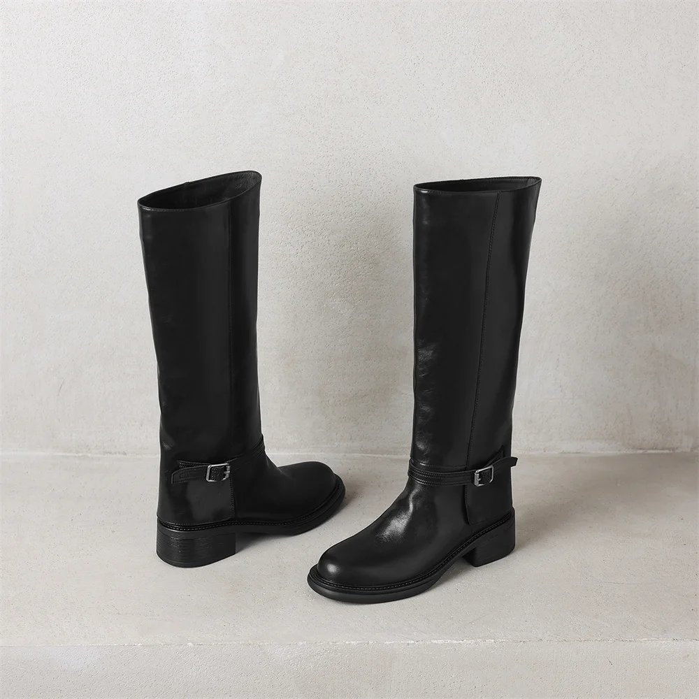 FEDONAS Women Genuine Leather Knee High Boots Thick Heels Long Motorcycle Boots Quality Warm High Knight Boots Shoes