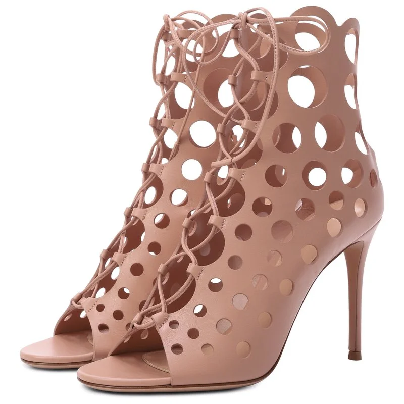 Lace Up Hollow Out Peep Toe Sandals Sexy Round Toe Thin Heel Matte Leather Customized New Arrivals Fashion Women Shoes
