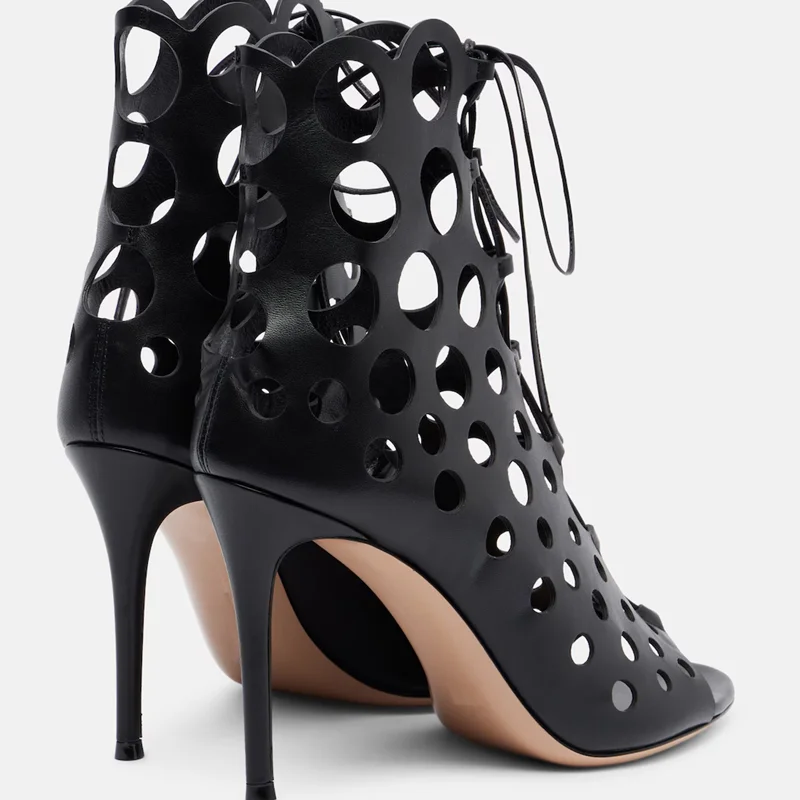 Lace Up Hollow Out Peep Toe Sandals Sexy Round Toe Thin Heel Matte Leather Customized New Arrivals Fashion Women Shoes